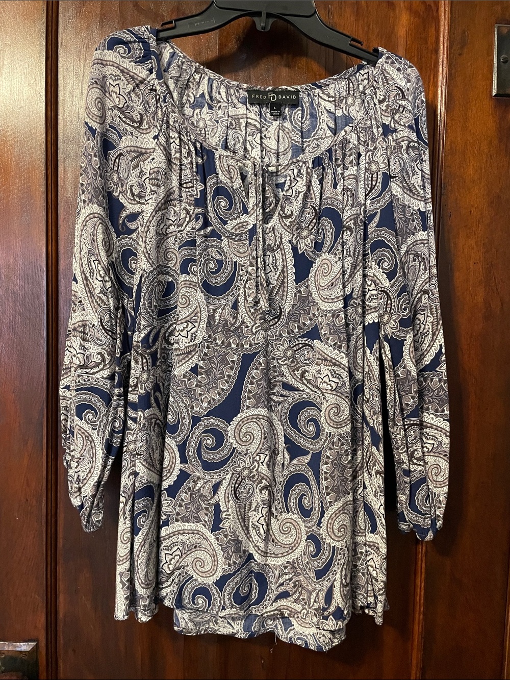 Fred David Navy and White Paisley Peasant Top